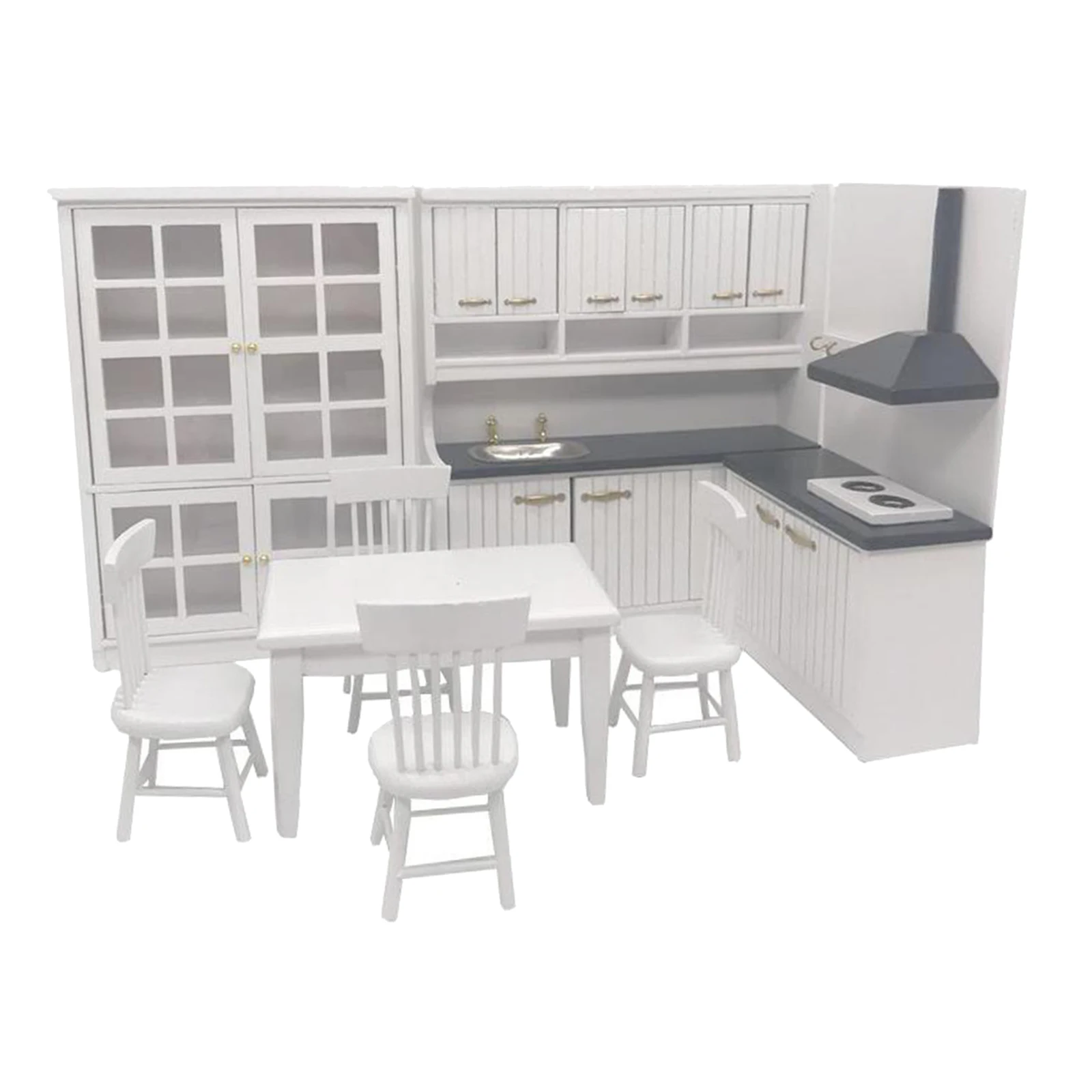 1:12 Dollhouse Miniature Furniture Wooden Kitchen Cabinet Dining Table Dollhouse Chair Kits Handcraft DIY Gifts