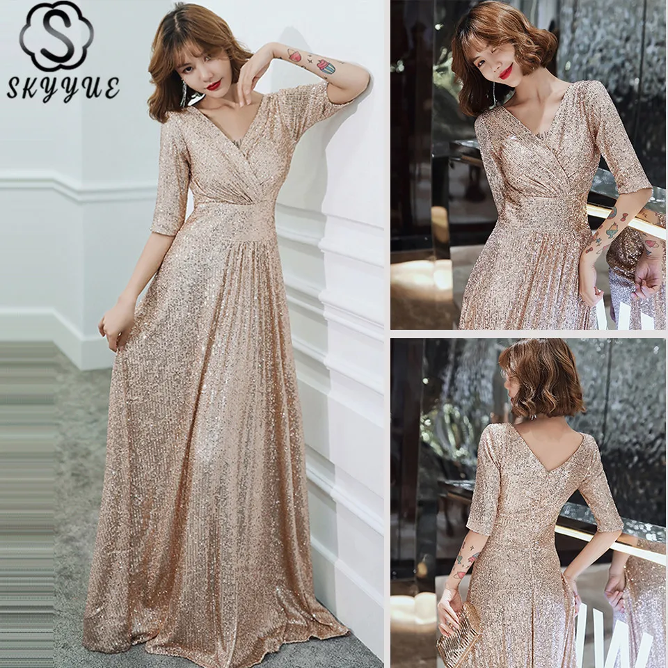 

Skyyue Formal Dress V-Neck Floor-Length Half Sleeve A-Line Robe De Soiree Sequined Plus Size Zipper Dress Woman Party K004