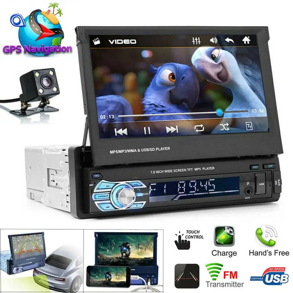 

Car 7" Stereo Audio Radio Bluetooth 1 DIN HD Retractable Touch Screen Monitor MP5 Player SD FM USB Rear View Camera