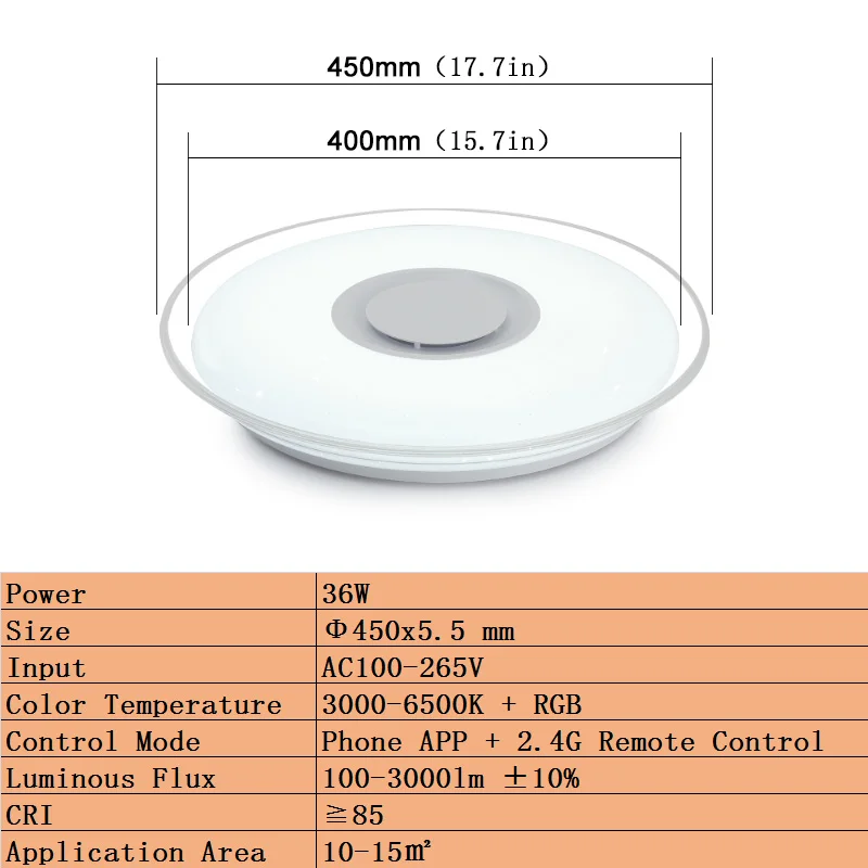 HY-36W-450mm Современные светодиодные потолочные лампы Домашний Светильник ing HY-36W 52 Вт RGB приложение Bluetooth музыкальный светильник для спальни лампы для гостиной умный потолочный светильник - Цвет корпуса: HY-36W-450mm
