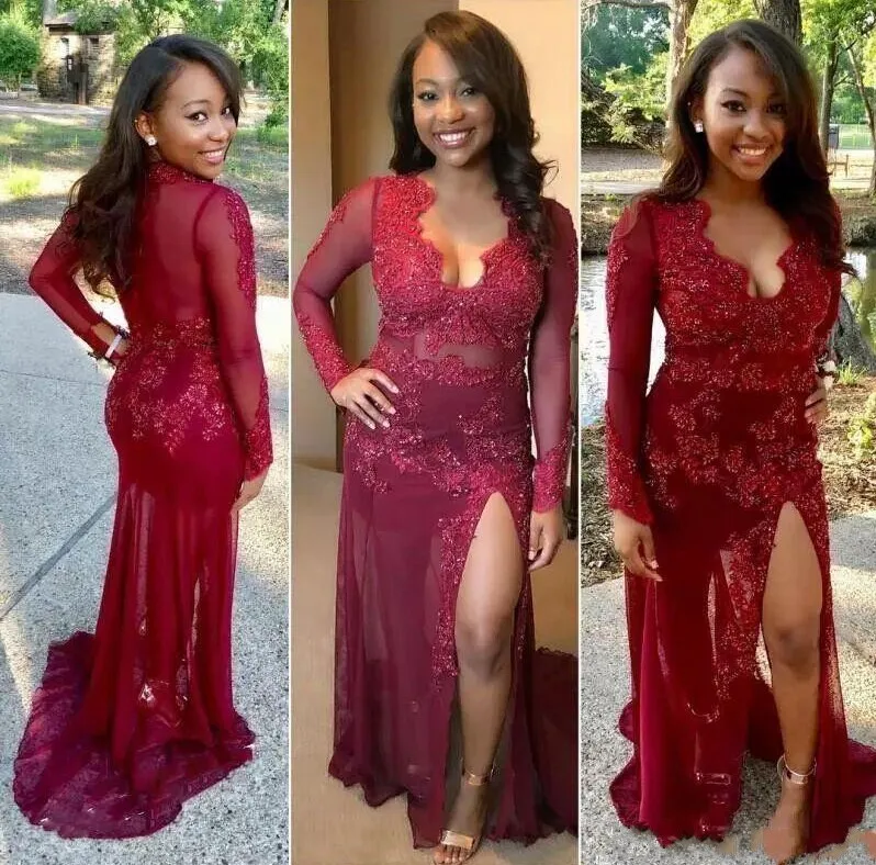 

2020 African Mermaid Prom Dresses Sheer Long Sleeves Appliques Sequins Side Split Evening Pageant Gowns Custom Made Plus Size