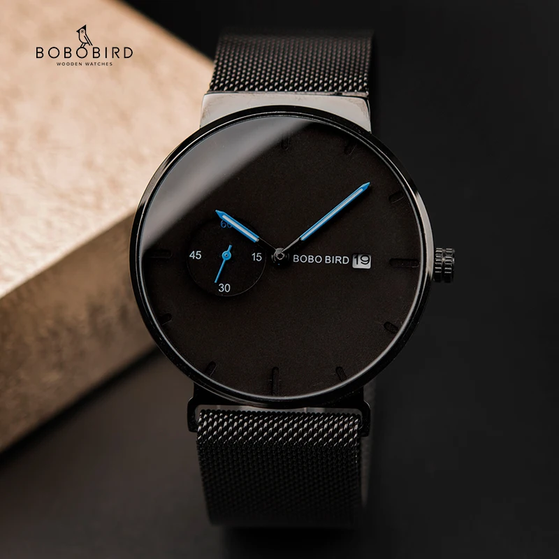 Роскошные мужские часы BOBO BIRD минималистичный черный дизайн сетчатый ремешок из
