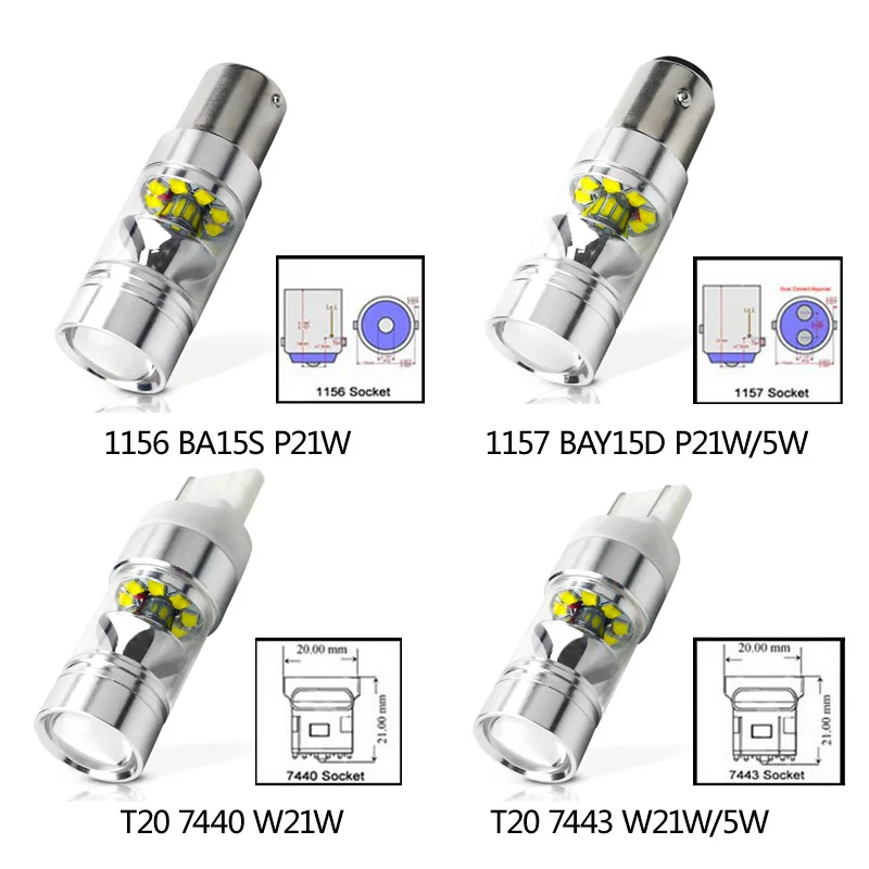 2x S25 1156 BA15S 1157 BAY15D P21W 7440 7443 W21W 100W CREE чип Автомобильный светодиодный обратный светильник резервного копирования светодиодный светильник, задних фонарей, фонарей указателей повтора и сигнальная лампа