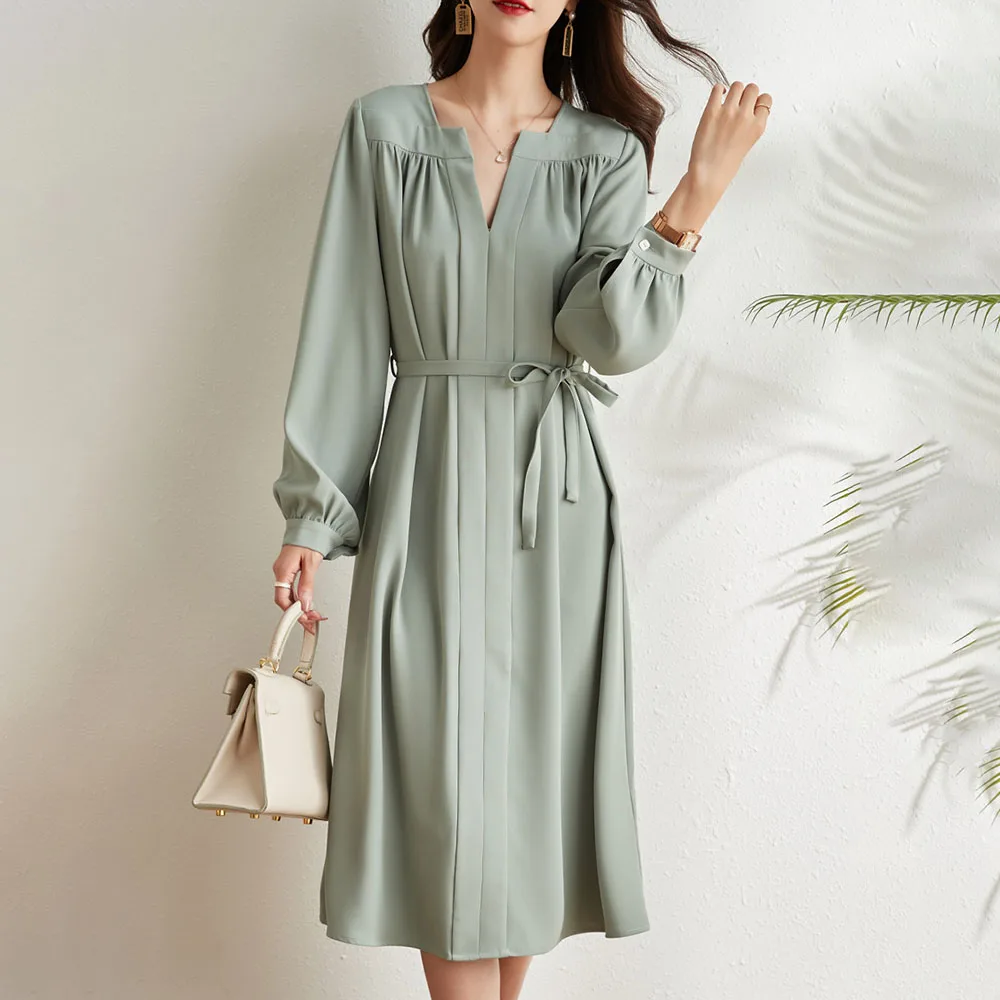 Женское сказочное платье с длинным рукавом зеленое Повседневное средней длины