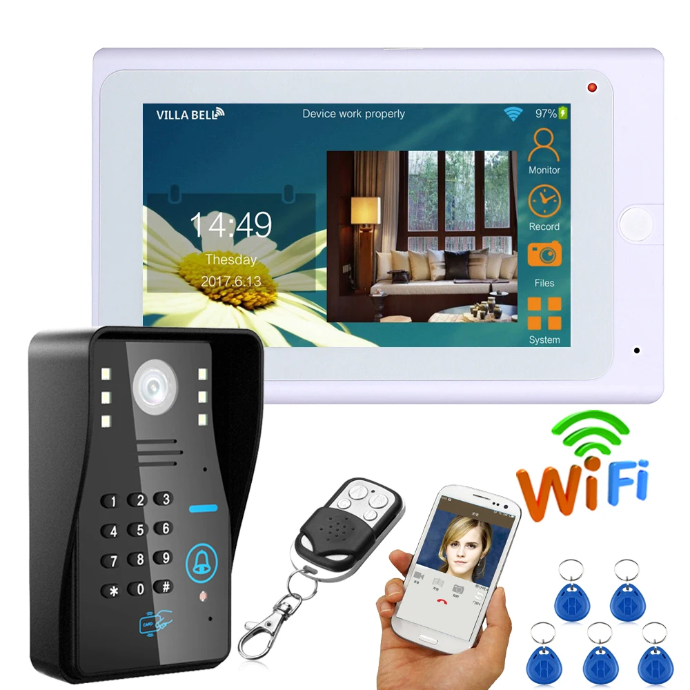 7 Inch Wired Wifi RFID Access Door Phone Intercom kits Password Code Keypad IR Camera Video Door Bell For Home Security System