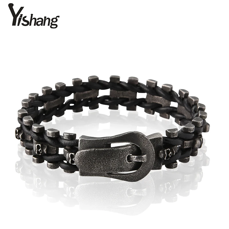 316L панк рок череп головы браслеты с подвесками для мужчин кожа и нержавеющая сталь Матовый велосипед цепи браслеты ювелирные изделия