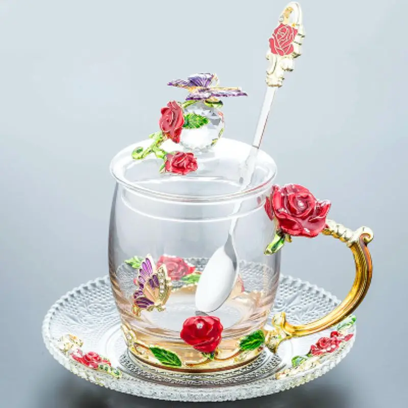 Новинка, элегантная красная синяя Роза, эмалированная чашка, Цветочная чайная чашка, пирекс, Офисная кофейная чашка, чашка для сока