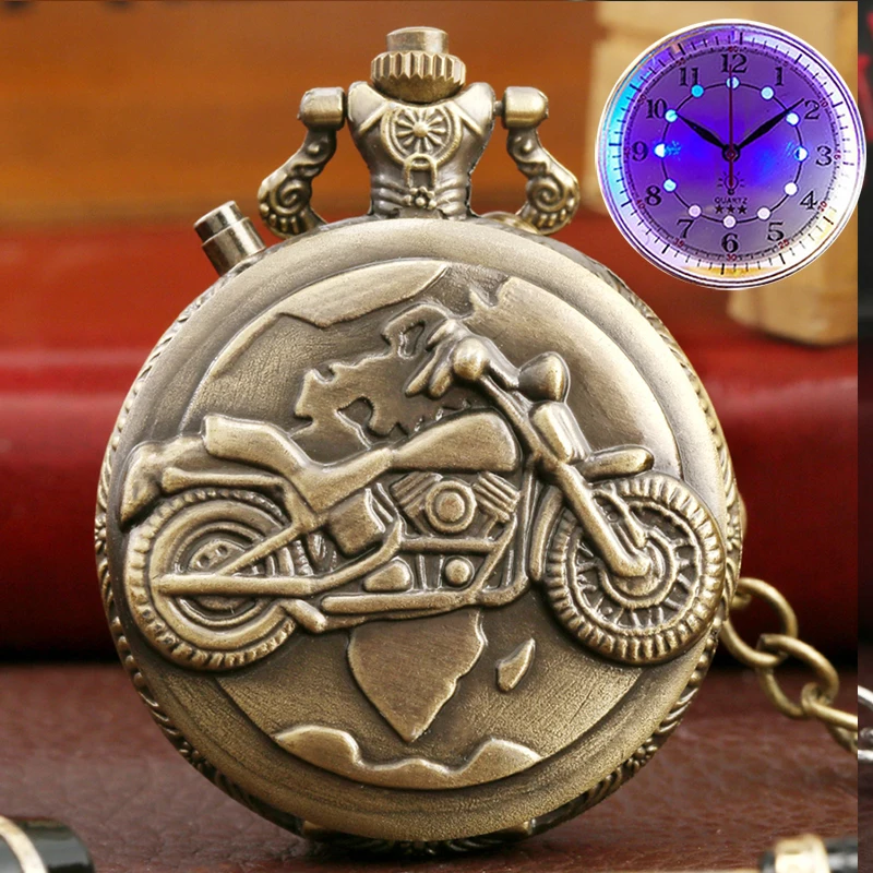Reloj de bolsillo de cuarzo con diseño Retro para motocicleta y coche, colgante luminoso, LED, para MOTO, regalo de cadena