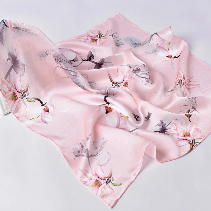 100% Real Scarf For Women Floral Print Silk Satin Hijab Scarfs Square Luxury Brand Spring Neckerchief Bandana Scarves For Ladies