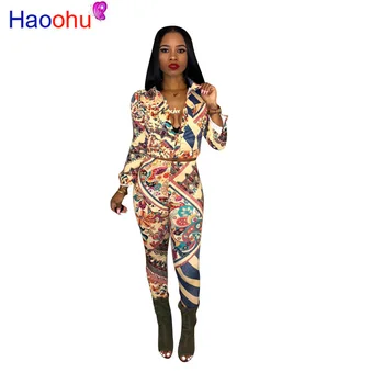 

Autumn Winter tracksuit Women Set National Print Overalls Button shirt +pant Lady fashion sexy two pieces suits casual