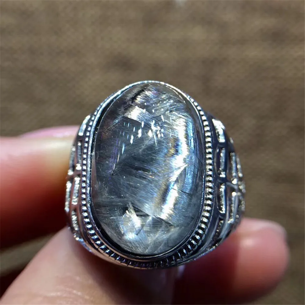 

17.8x11mm Natural Silver Brookite Rutilated Quartz Ring For Women Men Lucky Stone Clear Crystal Adjustable Ring Jewelry AAAAA