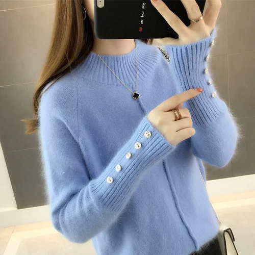 Женские свитера и пуловеры, вязаные топы с длинными рукавами для женщин, повседневная женская зимняя одежда, свитер, плотный однотонный 0382 - Цвет: Синий