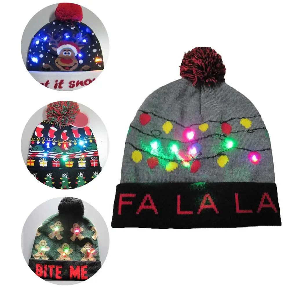LED Christmas Hat Sweater Knitted Beanie Christmas Light Up Knitted Hat Gift for Kids New Year Decorations