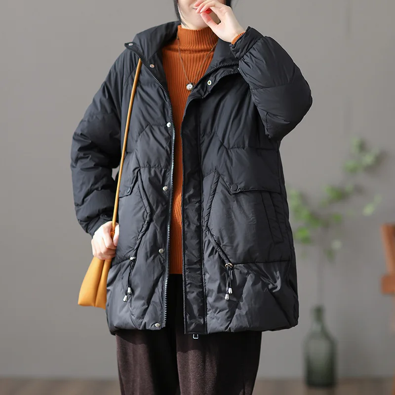 Literary Mid-length Down Jacket Ladies 2021 New Winter White Duck Down Jacket Women All-match