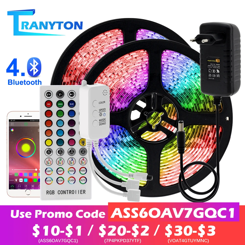 LED Strip Light RGB 5050 2835 Flexible LED Light Strip 10M 15M 20M 12V LED Tape + Power Adapter + Bluetooth Music Controller