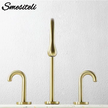 

Bathroom Sink Tap Basin Mixer Unique Double Handle Three Hole Brushed Gold Copper Hot Cold Water Corrosion Resistance Faucet