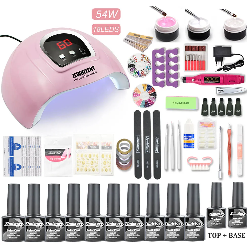 54W 10pcs drill set Набор для ногтей, 10/20 цветов, набор гель-лаков для ногтей, Сушилка для ногтей, набор с 120 Вт/54 Вт, светодиодная УФ-лампа для ногтей, набор для маникюра, инструменты для дизайна ногтей - Цвет: 54W 10pcs drill set