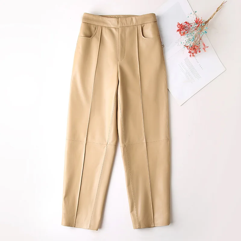 

New Arrival 2020 Autumn Winter High Quality Sheepskin Real leather pants Women High-rise leather casual pants C577