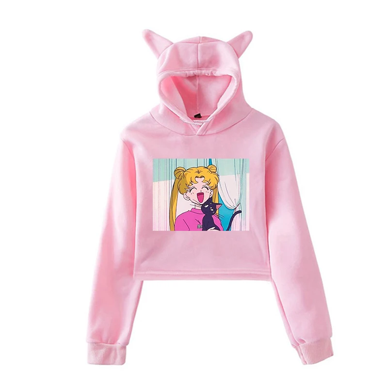 Сейлор Мун с эстетическим принтом для женщин Harajuku Короткие толстовки осень Kawaii уличная Толстовка для девочек модный пуловер с капюшоном - Цвет: 902-mx-1218-9(1)
