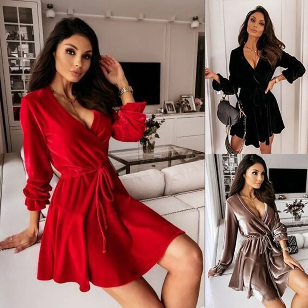 

Autumn And Winter Velvet Slim Sexy V Neck Solid Color Dress Women Elegant Party Club Lace Up Mini Dress Femme Robe Vestidos