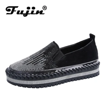 

Fujin Single Shoes Women Spring 2020 Autumn Fashion Breathable Shallow Flat Bottom Slip on Round Toe Causal Crystal Women Shoes