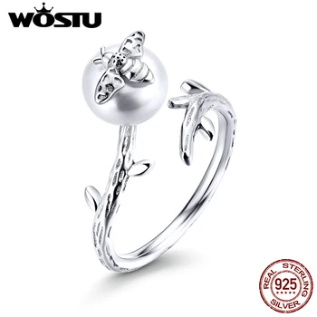

WOSTU Genuine 925 Sterling Silver Little Bee Pearl Rings Adjustable Size Finger Wedding Ring For Women Fashion Jewelry CTR101