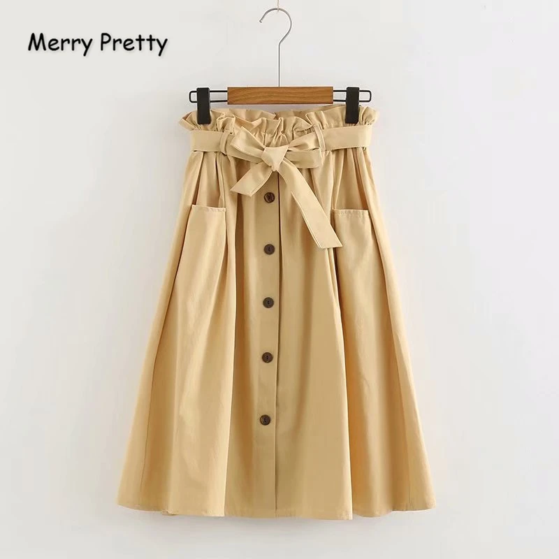 

Merry Pretty Women's Lace Up Solid A-Line Skirts 2019 Autumn Single-breasted Pockets Knee-Length Skirts Femme Casual Loose Skirt