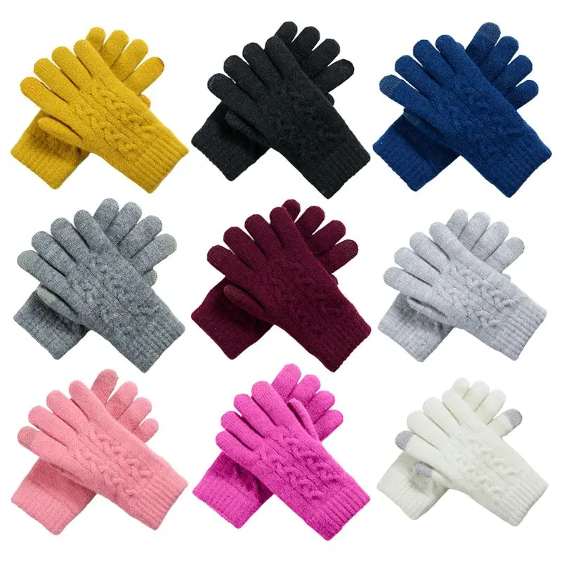 Women Winter Crochet Knitted Full Finger Gloves Touchscreen Thick Plush Lined Wrist Warmer Solid Color Stretchy Magic Mittens