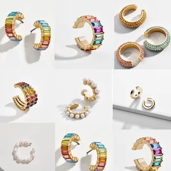 

Fashion Rainbow Colorful CZ Stud Earrings for Women Girl Gold Color C Shaped Ear Stud Jewelry Party Gift