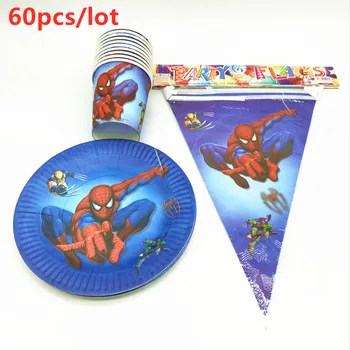

60Pcs Cartoon Spiderman Theme Design Baby Shower Tableware Kids Boy Birthday Party Paper Cup Plate flags Decorations Supplies
