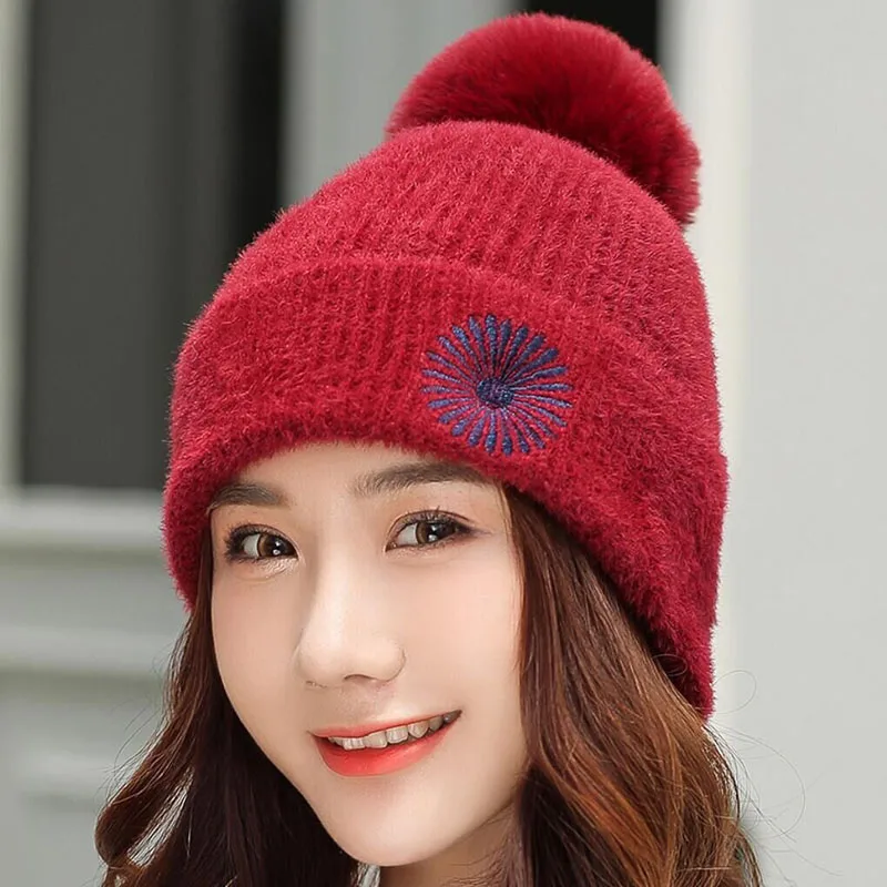 Шапка бини женская зимняя Осенняя мягкая шапка Skullies Beanies шапка с вышивкой вязаные кроличьи волосы модные женские шлепки теплые шапки