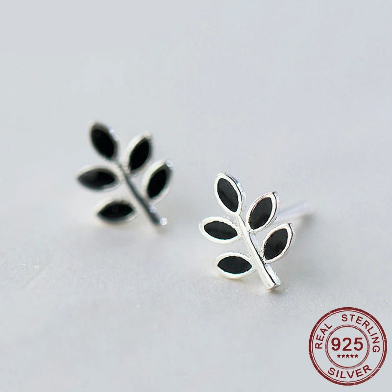 

Minimalist Black Enamel Tiny Leaf Tree Stud Earrings 100% 925 Sterling Silver Prevent Allergy For Women FINE Jewelry 2020 New