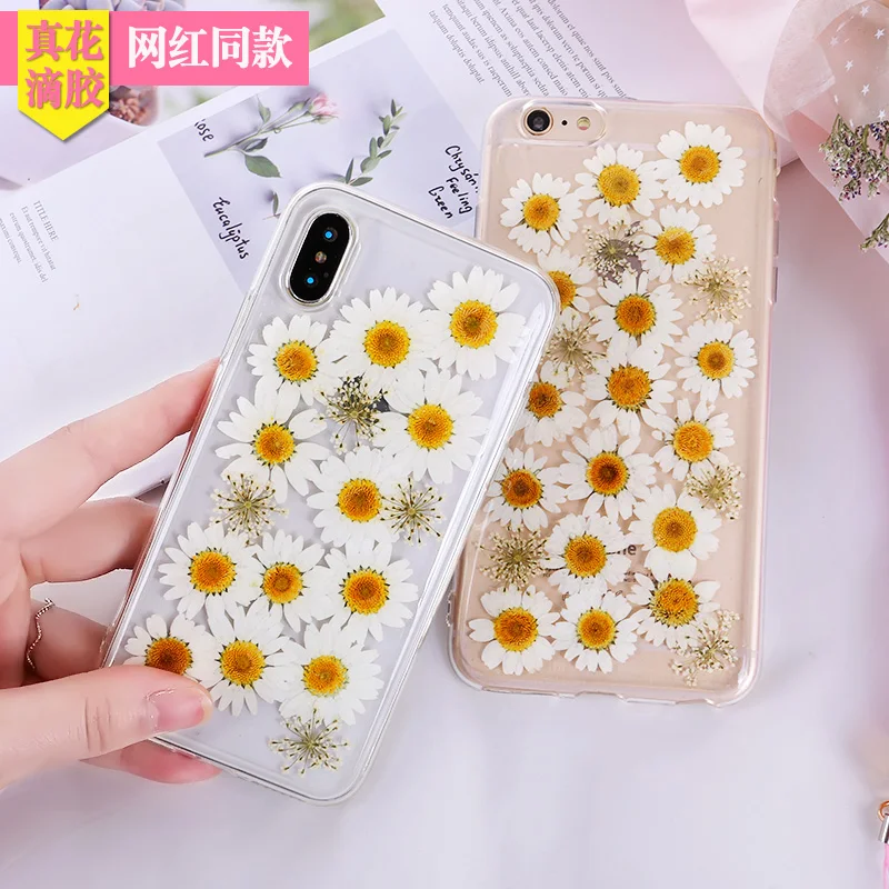 

Phone Case For iPhone 6 7 8 Plus Soft TPU Silicone Transparent Dried Real Flower Daisy Flower Shiny Back Cover
