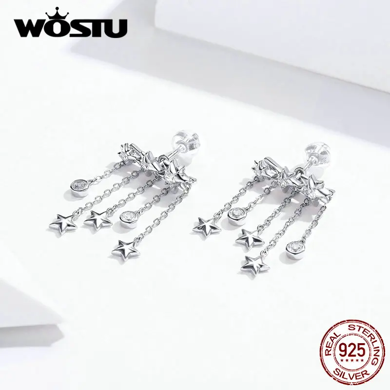 WOSTU, 925 пробы, серебряная звезда, линия кисточек, серьги-гвоздики для женщин, циркон, модные свадебные серьги, серебро 925, ювелирное изделие CQE700