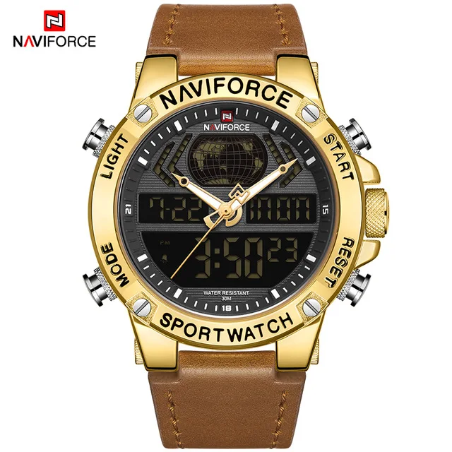 NAVIFORCE 9164 мужские часы лучший бренд класса люкс цифровые аналоговые спортивные наручные часы военные из натуральной кожи мужские часы Relogio Masculino - Цвет: Золотой