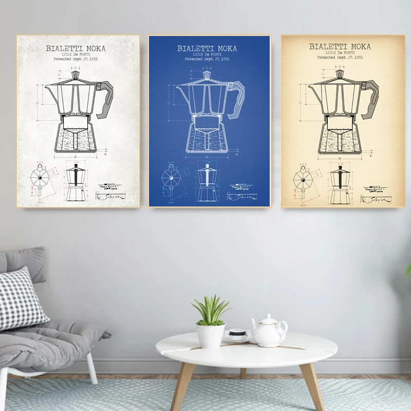 Caffettiera Su Tela Pittura Poster Stampe Bialetti Moka Coffee Blueprint Wall Art Picture Cucina Soggiorno Room Home Decor Cuadros