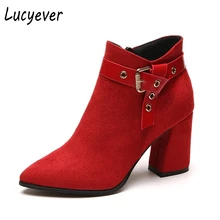 Lucyever/; сезон осень-зима; Модные женские ботильоны с пряжкой; повседневная обувь из искусственной замши с острым носком на высоком толстом каблуке; женская обувь для вечеринок
