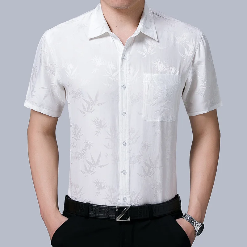 2020 New Summer 100% Silk Dress Men White Short Sleeve Shirt Formal Shirts for High Quality Gentlemen Camisas KJ1951 | Мужская одежда