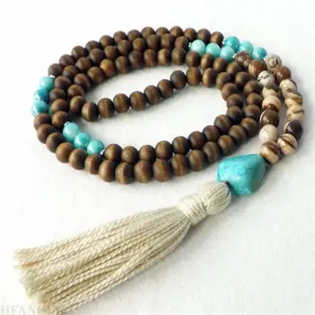 

8mm Sandalwood wood Turquoise Tassels Mala Necklace 108 Bead Handmade Gemstone Wrist pray Meditation Unisex natural cuff Healing
