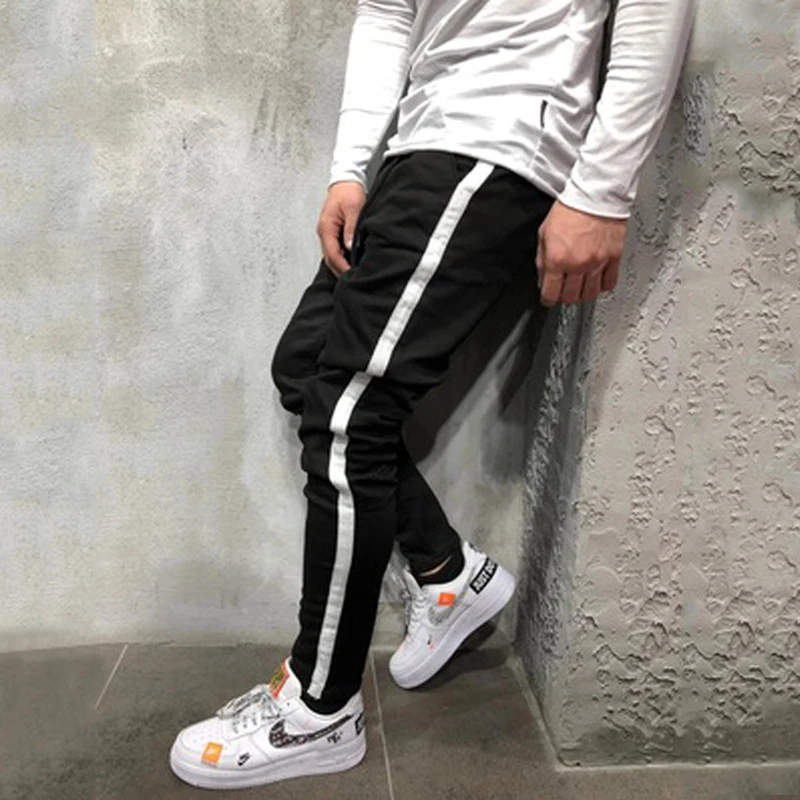 Men Jeans Pants Slim Fit Casual Sport Individual side stitching hip hop Pant Mid Waist Skinny Drawstring Long Trousers | Мужская одежда