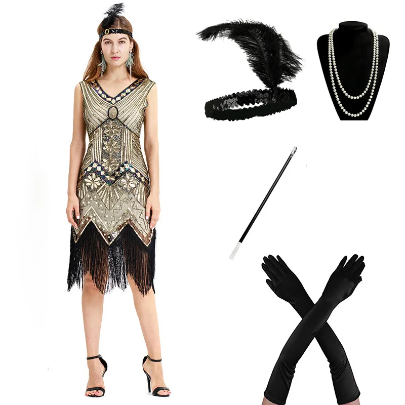 B 1920s Flapper платье Great Gatsby вечерние платья с блестками и бахромой - Цвет: B