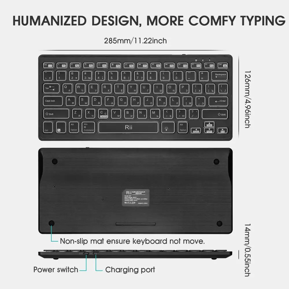 Rii-teclado ruso retroiluminado con Bluetooth 4,0, inalámbrico, multicolor, LED, arcoíris, batería recargable, para iOS, Android, MacBook - Imagen 2