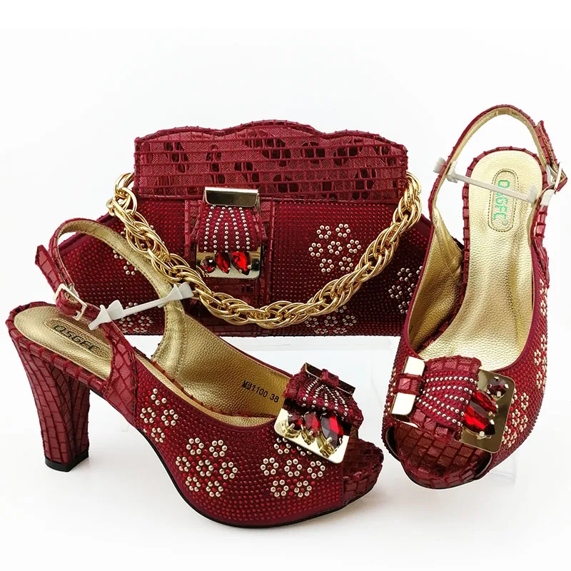 

Elegant wine red shoes and bag italy design for 2020 christmas party free shipping shoes and bag set SB8447-1