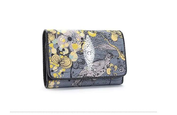 Thailand Authentic Stingray Leather Women's Card Holders Genuine Skate Skin Lady Small Trifold Wallet Female Short Clutch Purse