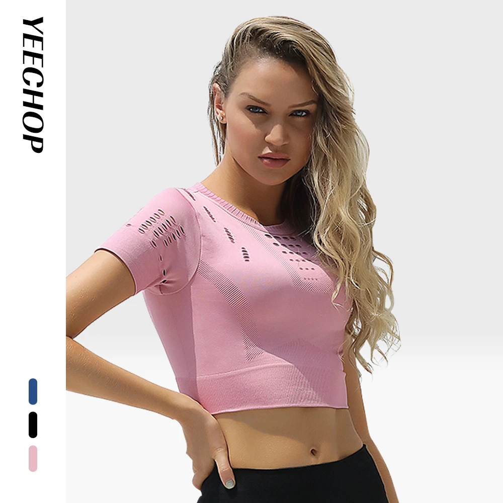 Yeechop Women Gym Vital Seamless Crop Top Stretchy Breathable Dry Quickly Tights Workout SportS Fitness Yoga T Shirt