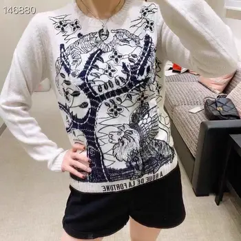 

2020 Women Spring Runway Vintage Animal Letter Embroidery Sweater Wool Cashmere Pullover Knit Creamy-White Sweater High Quality