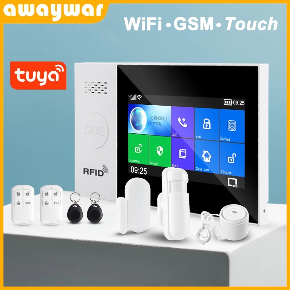 Awaywar-sistema de alarma inteligente para el hogar, kit de antirrobo con pantalla táctil, WIFI, GSM, compatible con cámara IP Tuya