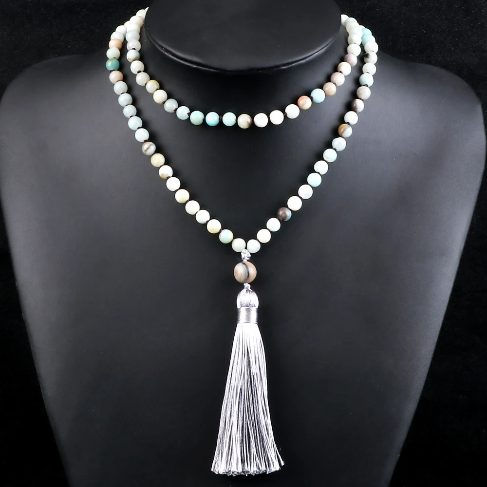 6 mm Amazonit-Perlen-Halsketten mit grauem Quasten-Anhänger, Mala, 108 Gebetsperlen-Halskette, Modeschmuck, Geschenke für Damen und Herren, Yoga – Detail 9