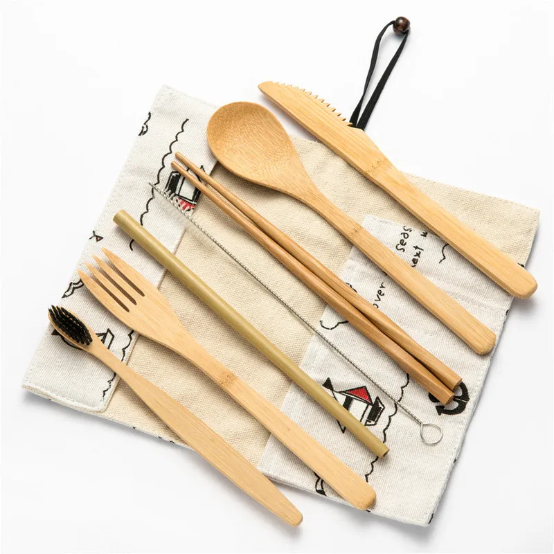 dinnerware set C Набор посуды вилка ложка деревянные столовые приборы нож бамбуковые соломы Многоразовые угольно-Бамбуковые зубные щетки для работы кемпинг набор столовых приборов - Цвет: dinnerware set C