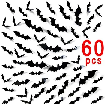 

60pcs Halloween 3D Party Supplies Window Decor Scary Plastic Decoration Stickers Terror Bat Wall Decals